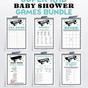 May include: A set of printable baby shower games with a skateboarding theme. The games include "ABC Game", "Animals", "Bingo", "Baby Book Emoji Game", "Predictions & Wishes", and "The Price is Right".
