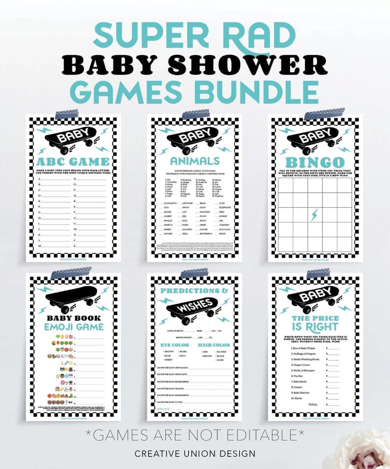 May include: A set of printable baby shower games with a skateboarding theme. The games include "ABC Game", "Animals", "Bingo", "Baby Book Emoji Game", "Predictions & Wishes", and "The Price is Right".