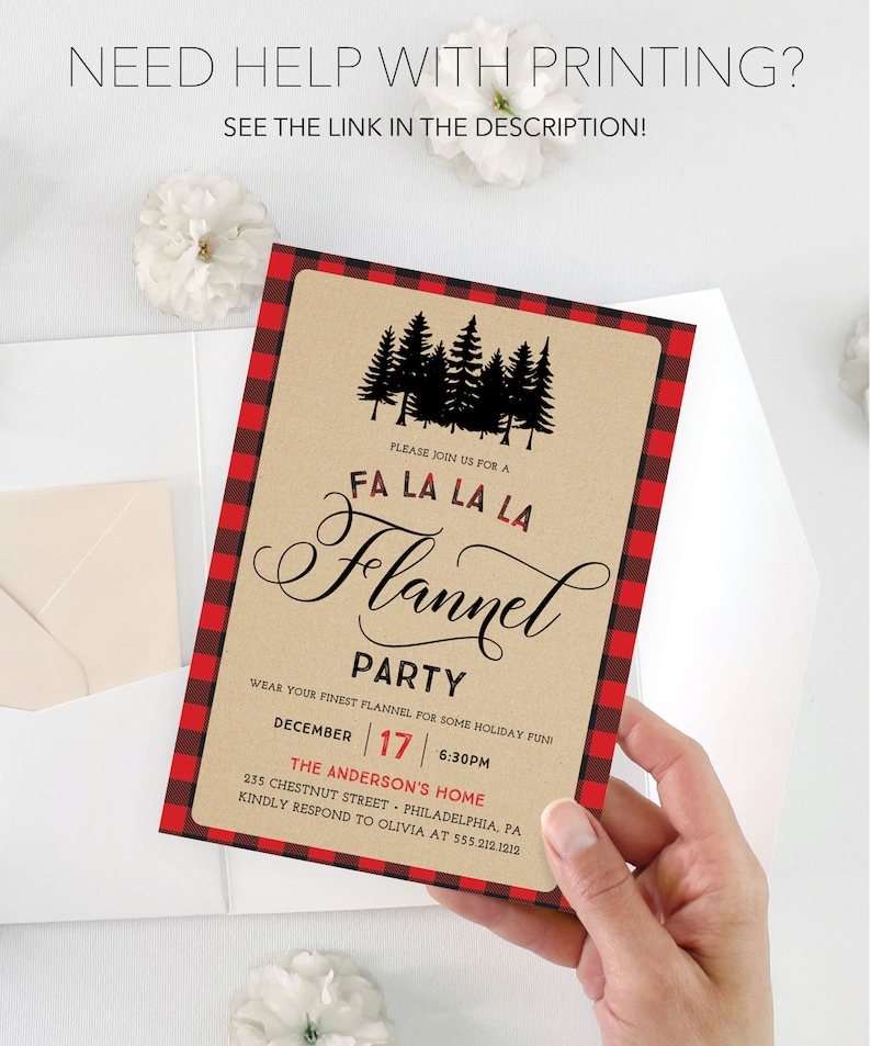 May include: A holiday party invitation with a kraft paper background and a red and black plaid border. The invitation reads "Fa La La La Flannel Party" with event details and a request to RSVP.