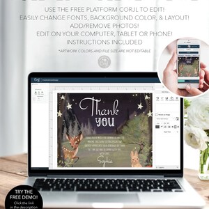 May include: A digital thank you card template with a woodland theme. The card features a deer and a rabbit in a forest setting with stars and a moon in the sky. The text on the card reads "Thank you" and "Sophia".