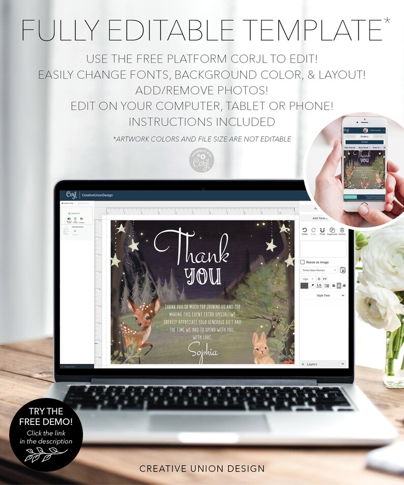 May include: A digital thank you card template with a woodland theme. The card features a deer and a rabbit in a forest setting with stars and a moon in the sky. The text on the card reads "Thank you" and "Sophia".