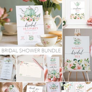 Pode incluir: Uma coleção de artigos de papelaria para chá de panela com uma chaleira verde-azulado e design floral. Inclui convites, um menu, cartões de receitas, cartões de agradecimento e um letreiro. O texto diz "Bridal Tea Party" e "Willow Greene".