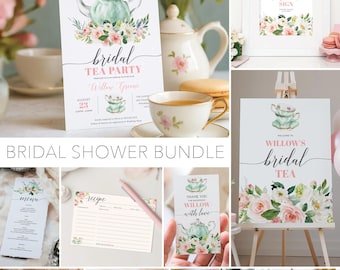 Op de afbeelding: Een set briefpapier voor een bruidsfeest met aquarelillustraties van een mintgroene theepot, theekopjes en roze en witte bloemstukken. De set bevat uitnodigingen, menukaarten, receptenkaarten, bedankkaartjes en borden met elegante sierlijke tekst.