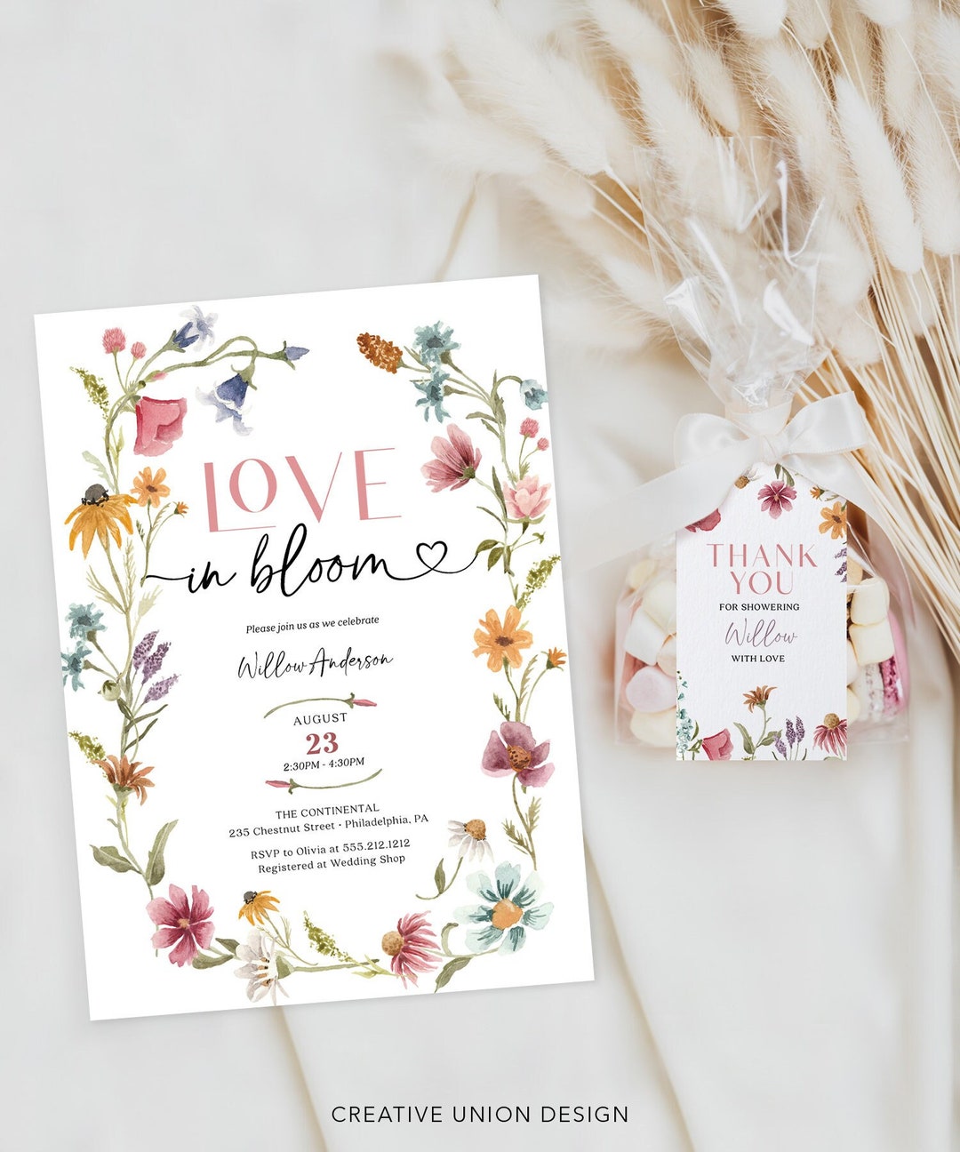 タグ付きワイルドフラワーブライダルシャワー招待状、愛の花、色とりどりの花、ワイルドフラワーフィールド、ブライダルシャワー招待状テンプレート、記念品タグ  - Etsy 日本, image size:1080x1296
