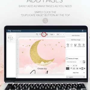 Puede incluir: Una pantalla de computadora port&aacute;til que muestra un programa de dise&ntilde;o con un dise&ntilde;o de luna y estrellas rosa y dorado. El texto "Create any" es visible en la pantalla. El programa tiene un bot&oacute;n "Duplicar p&aacute;gina" en la parte superior.