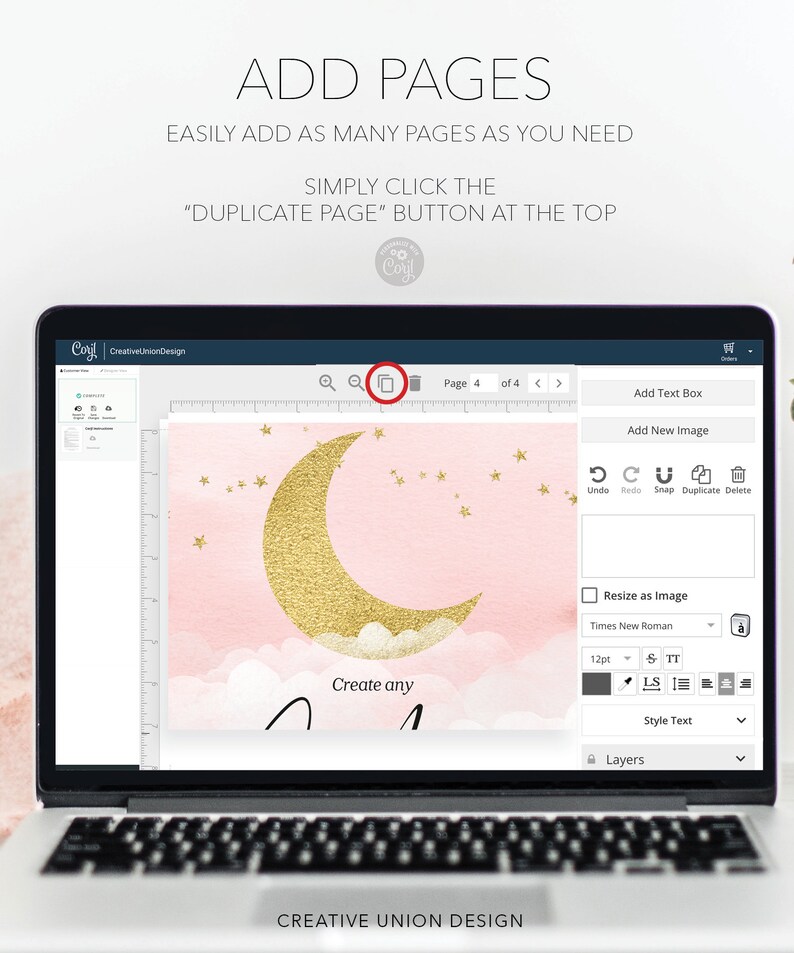 Puede incluir: Una pantalla de computadora port&aacute;til que muestra un programa de dise&ntilde;o con un dise&ntilde;o de luna y estrellas rosa y dorado. El texto "Create any" es visible en la pantalla. El programa tiene un bot&oacute;n "Duplicar p&aacute;gina" en la parte superior.