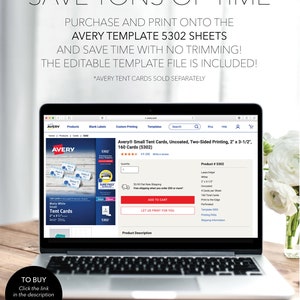 May include: A laptop screen shows an Avery product page for small tent cards. The page details uncoated, two-sided printing cards, 5.08cm x 8.89cm, 160 cards. Text on the screen reads "Save tons of time" and "To buy, click the link in the description."