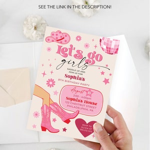 Plantilla de invitación para fiesta de cumpleaños de vaquera rosa, fiesta de vaquera disco rosa, cumpleaños de rodeo, fiesta de cumpleaños para niña, ¡Vamos chicas!, cualquier edad imagen 9