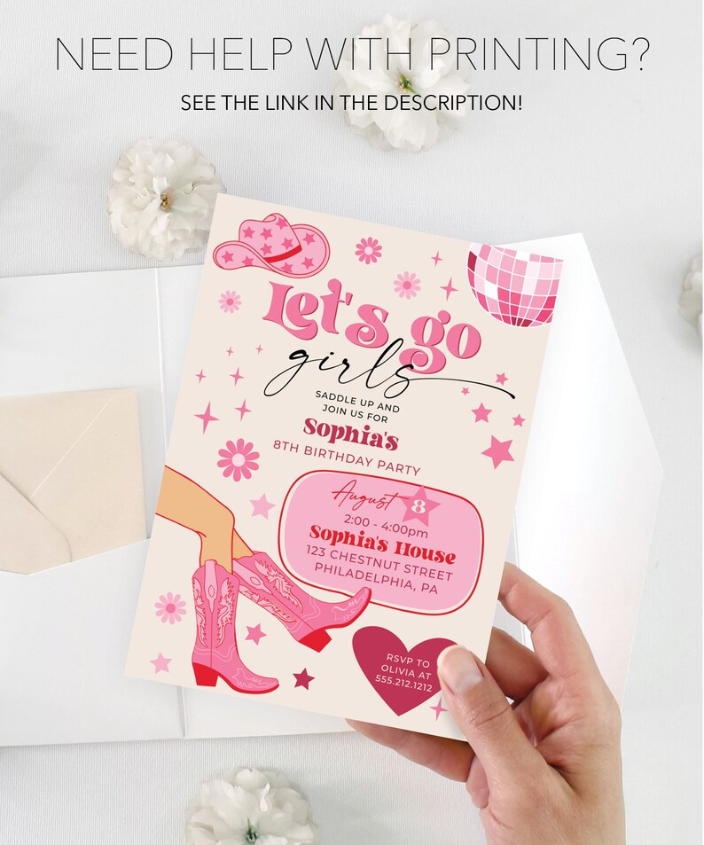 Plantilla de invitación para fiesta de cumpleaños de vaquera rosa, fiesta de vaquera disco rosa, cumpleaños de rodeo, fiesta de cumpleaños para niña, ¡Vamos chicas!, cualquier edad imagen 9
