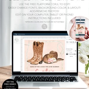 May include: A digital template for a party invitation with a pink background and a pair of brown cowboy boots, a brown cowboy hat with a pink flower, and a lasso. The text on the template reads "Saddle up for a good time as we celebrate [Name]'s [Event]"