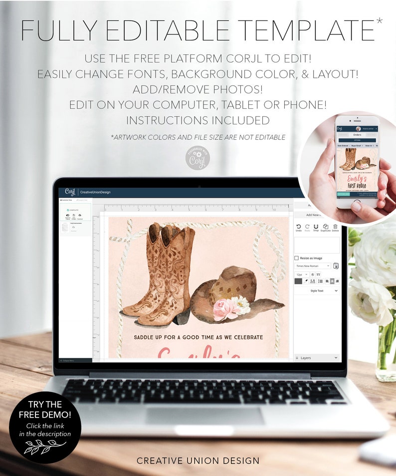 May include: A digital template for a party invitation with a pink background and a pair of brown cowboy boots, a brown cowboy hat with a pink flower, and a lasso. The text on the template reads "Saddle up for a good time as we celebrate [Name]'s [Event]"
