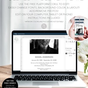 May include: A laptop screen displaying a black and white photograph of a man with the text "DANIEL ANDERSON" and the dates "January 02, 19XX - September 03, 20XX". The text below the photo includes details about a memorial service and reception. The laptop is on a wooden surface with a white flower in the background.