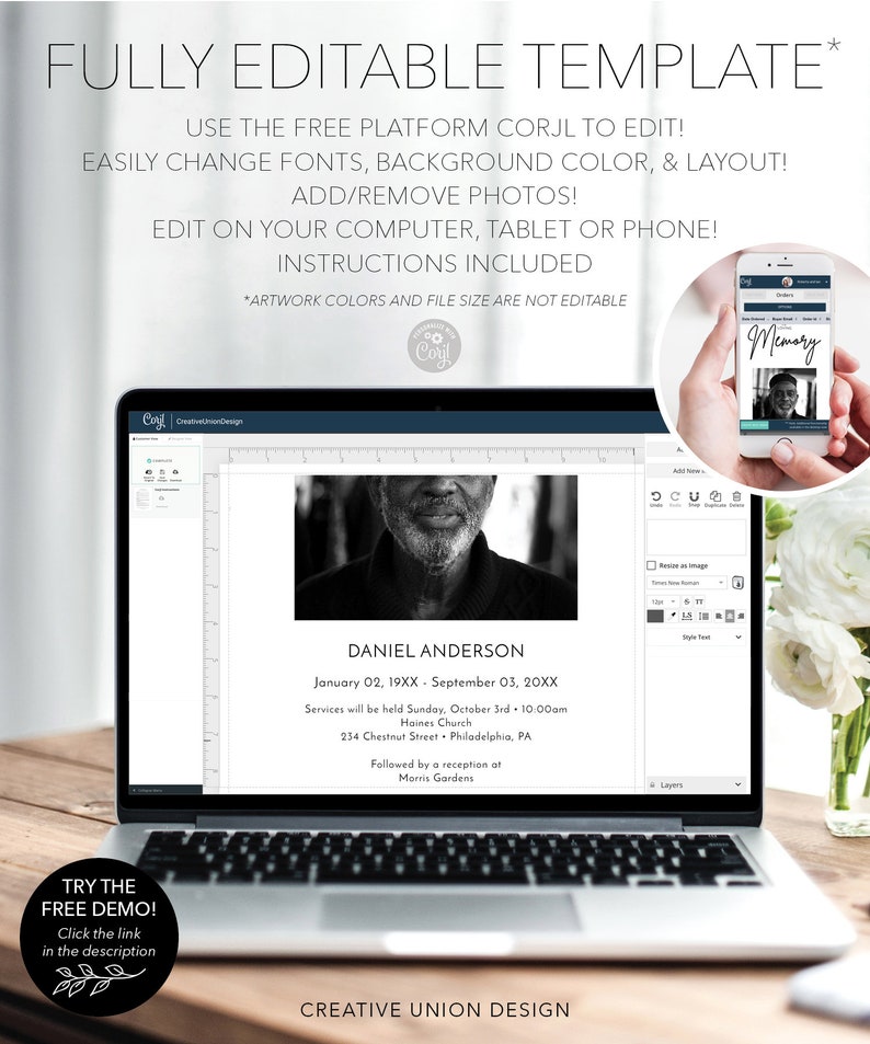 May include: A laptop screen displaying a black and white photograph of a man with the text "DANIEL ANDERSON" and the dates "January 02, 19XX - September 03, 20XX". The text below the photo includes details about a memorial service and reception. The laptop is on a wooden surface with a white flower in the background.