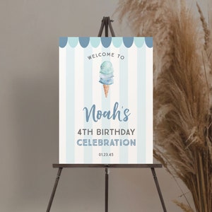 May include: Welcome to Noah's 4th Birthday Celebration sign with a blue and white striped background and a watercolor illustration of an ice cream cone. The sign also includes the time 01.23.45.