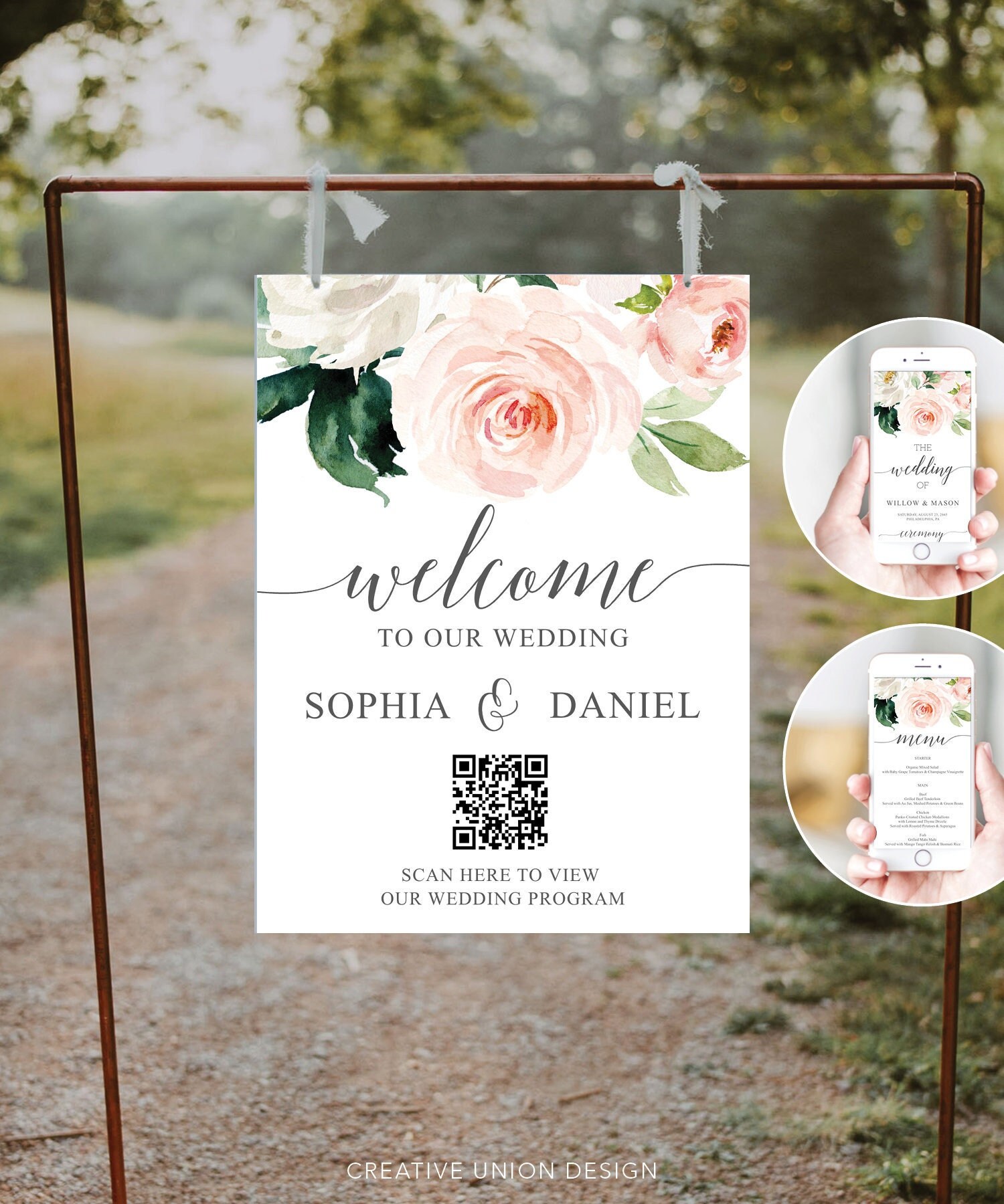 QR Code Wedding Program Template and Scannable Wedding Welcome Sign, Scannable QR Code Sign, Wedding Program Digital, Welcome Sign, Blush