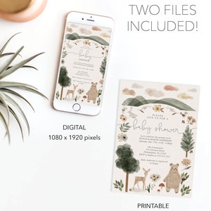 May include: Digital and printable baby shower invitation with a woodland theme. The invitation features a watercolor illustration of a forest with a deer, bear, mushrooms, and flowers. The text on the invitation reads "Please join us for a baby shower".