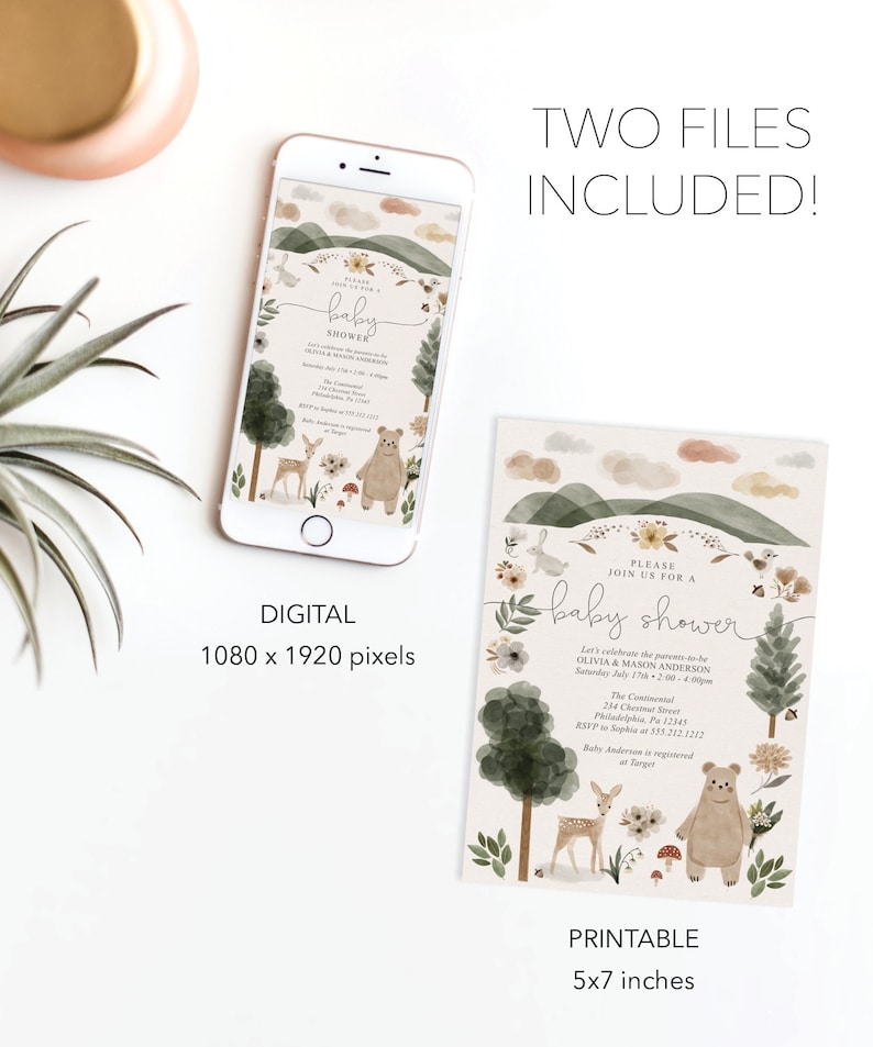 May include: Digital and printable baby shower invitation with a woodland theme. The invitation features a watercolor illustration of a forest with a deer, bear, mushrooms, and flowers. The text on the invitation reads "Please join us for a baby shower".