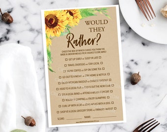 May include: A brown card with a sunflower design and the text "Would They Rather?"  The card has a list of 10 questions with checkboxes for the bride and groom to answer. The questions are about their preferences, such as "Get up early or sleep in late?" and "Travel overseas or stay local?"
