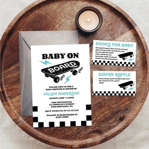 May include: A baby shower invitation with a black and white chequered background. The invitation features a black and white illustration of a skateboard with the text "Baby on Board" in black. The invitation also includes the text "Please join us for a baby shower in honour of Willow Anderson" in black. The invitation is for August 23rd at 2:30pm at The Continental, 235 Chestnut Street, Philadelphia, PA. The RSVP information is "RSVP to Olivia at 555.212.1212". The invitation also includes the text "Willow is registered at Baby Shop".