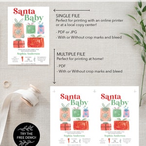 K&ouml;nnte beinhalten: Eine druckbare Babyparty-Einladung mit dem Text "Santa Baby" und Aquarell-Illustrationen von Geschenken in Rot, Gr&uuml;n und Blau. Die Einladung enth&auml;lt Details f&uuml;r Sophias Andersons Babyparty am 15. Dezember.
