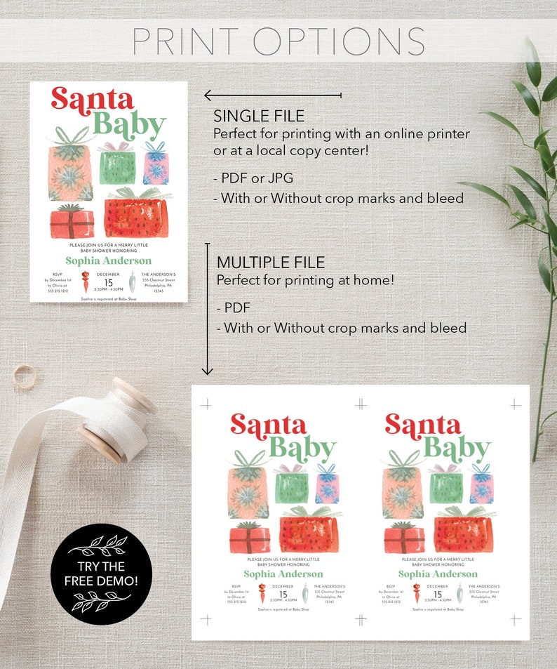 K&ouml;nnte beinhalten: Eine druckbare Babyparty-Einladung mit dem Text "Santa Baby" und Aquarell-Illustrationen von Geschenken in Rot, Gr&uuml;n und Blau. Die Einladung enth&auml;lt Details f&uuml;r Sophias Andersons Babyparty am 15. Dezember.
