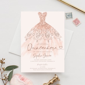 Rose Gold Quinceañera Dress Invitation Template, Mis Quince 15 Anos, Sweet 16th Birthday Invite, Quinceañera Invitation Printable, Pretty