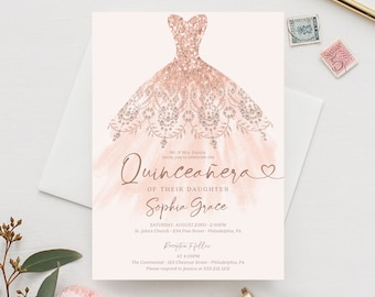 Rose Gold Quinceañera Dress Invitation Template, Mis Quince 15 Anos, Sweet 16th Birthday Invite, Quinceañera Invitation Printable, Pretty