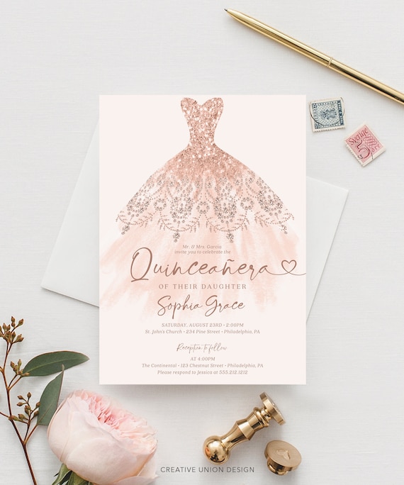 Rose Gold Quinceaera Dress Invitation Template, Mis Quince 15 Anos, Sweet  16th Birthday Invite, Quinceaera Invitation Printable, Pretty - Etsy