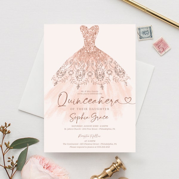 Rose Gold Quinceañera jurk uitnodiging sjabloon, Mis Quince 15 Anos, Sweet 16e verjaardag uitnodigen, Quinceañera uitnodiging afdrukbaar, mooi