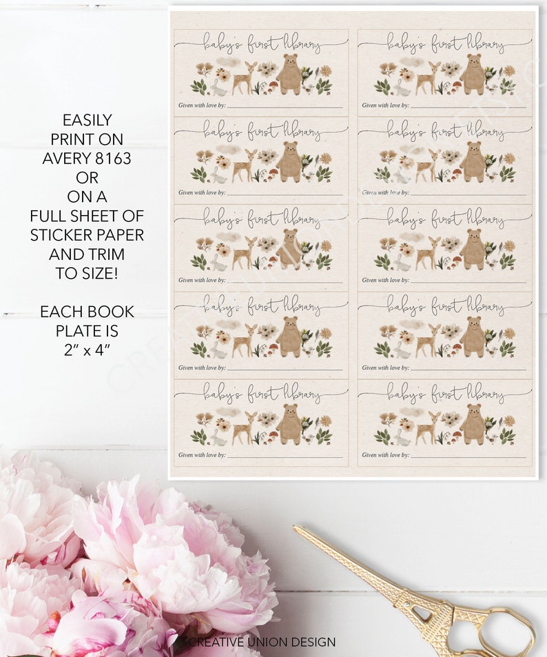 May include: Set of eight printable bookplate labels featuring a woodland theme with a brown bear, deer, and other forest elements. Each label is 2 inches by 4 inches and says "baby's first library" with a space to write "given with love by:"