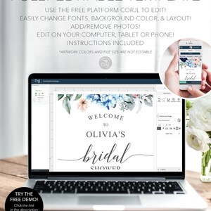 May include: A laptop screen displaying a digital bridal shower welcome sign template with blue and peach floral accents. The text reads WELCOME TO OLIVIA'S bridal SHOWER. A circular inset shows a mobile phone displaying the same floral design.