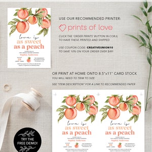 Pu&ograve; includere: Un invito per una festa di addio al nubilato con illustrazioni ad acquerello di pesche e foglie. L'invito recita "Love is as sweet as a peach" e include il nome della sposa, la data e l'ora dell'evento. L'invito include anche il testo "Try the free demo!" e "Creative Union Design".