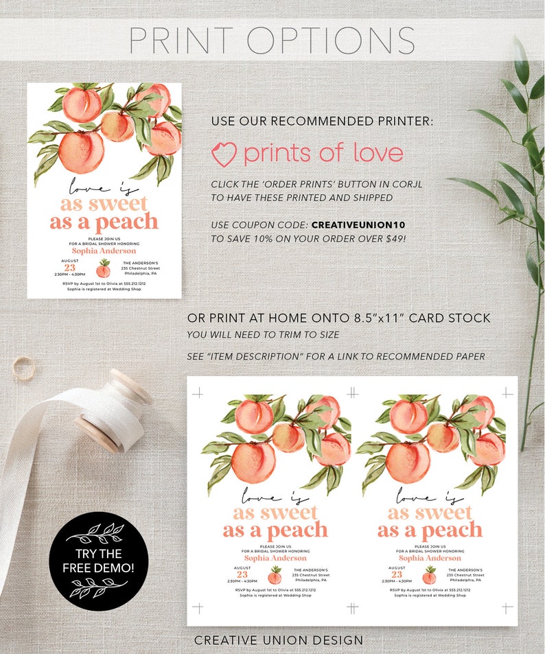 Pu&ograve; includere: Un invito per una festa di addio al nubilato con illustrazioni ad acquerello di pesche e foglie. L'invito recita "Love is as sweet as a peach" e include il nome della sposa, la data e l'ora dell'evento. L'invito include anche il testo "Try the free demo!" e "Creative Union Design".
