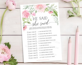 He Said She Said Bridal Shower Game, Bridal Shower Game Printable, Wedding Shower, Floral, Instant Download, Wedding, Pastel Blush