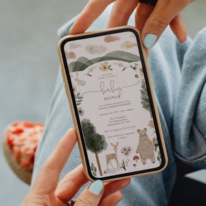 Invito digitale per baby shower, Boho Woodland, modificabile, maschio o femmina, download immediato, animali del bosco, cervo, orso, coniglio, genere neutro