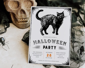 May include: A Halloween party invitation featuring a black cat illustration. The invitation includes the text "Halloween Party" and event details. A gold skull and decorative spiders are also present.