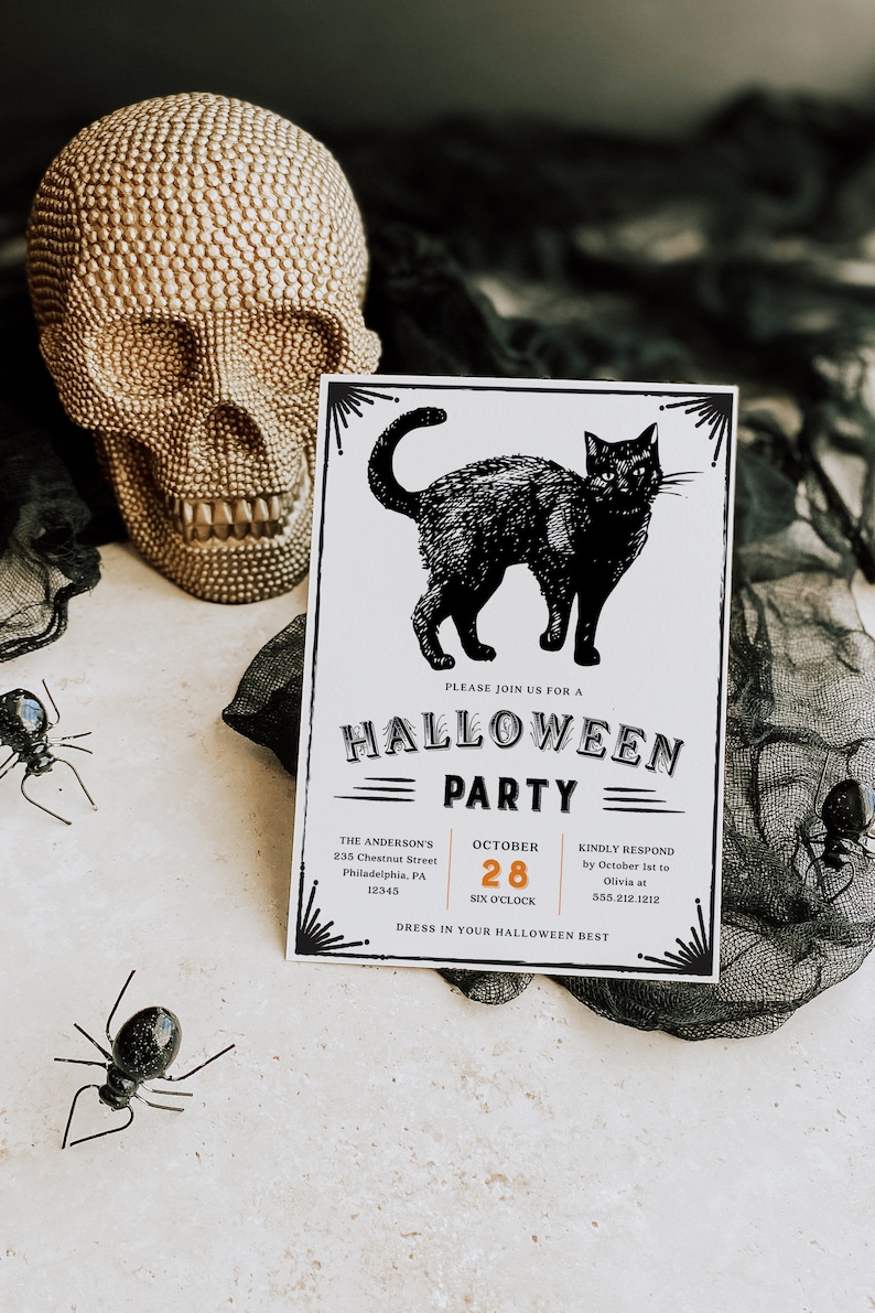 Halloween Party Invitation, Halloween Party Invitation, Pumpkins, Spooky Halloween, Instant Download, Editable Template, Creative Union Design, Bestseller, Black Cat, Cat Halloween, Spooky, Creepy, Haunted