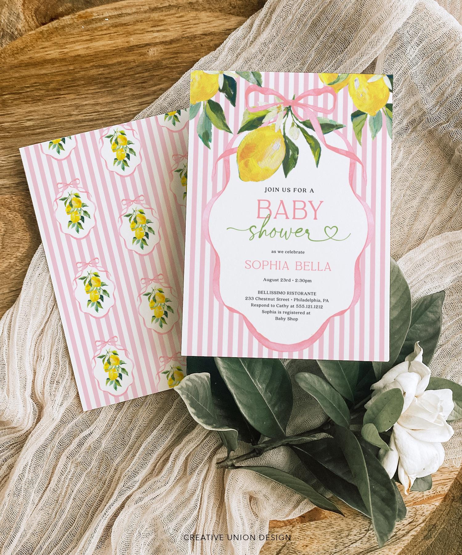 Pink Citrus Baby Shower Invite Template Southern Charm Printable Lemon Baby Shower Invitation Instant Download Preppy Stripes Pink Bow