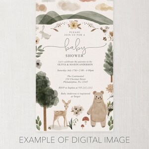 May include: A baby shower invitation with a woodland theme. The invitation features a watercolor background with green trees, a brown bear, a deer, and a rabbit. The text on the invitation reads "Please join us for a baby shower. Let's celebrate the parents-to-be Olivia & Mason Anderson. Saturday July 17th 2:00 - 4:00pm. The Continental 234 Chestnut Street Philadelphia, Pa 12345. RSVP to Sophia at 555.212.1212. Baby Anderson is registered at Target."