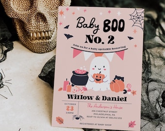 May include: A pink Halloween-themed baby sprinkle invitation with the text "Baby Boo No. 2". The invitation features a ghost, pumpkins, and a cauldron. The event details include the date, time, and location.
