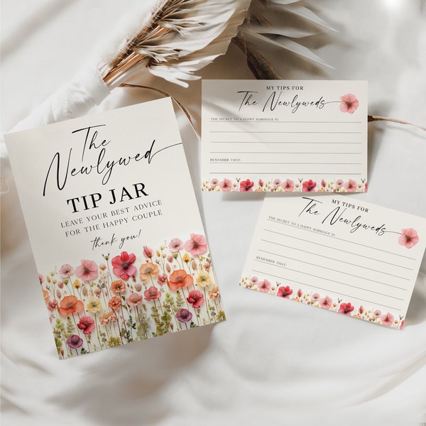 Tarjetas de consejos y letreros de tarro de propinas para recién casados, consejos para los recién casados, juego de despedida de soltera imprimible, tarjetas de consejos de despedida de soltera, tallos de flores