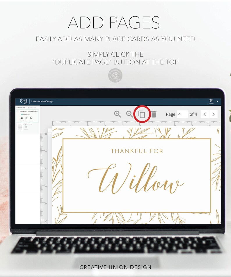 Puede incluir: Una pantalla de computadora port&aacute;til que muestra una plantilla de dise&ntilde;o para una tarjeta de lugar. La plantilla presenta un fondo blanco con ramas doradas y el texto "Thankful for Willow". La pantalla tambi&eacute;n muestra un indicador de n&uacute;mero de p&aacute;gina, "P&aacute;gina 4 de 4", y un bot&oacute;n etiquetado como "Duplicar p&aacute;gina".