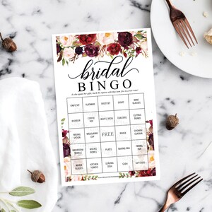 Juego de bingo para despedida de soltera - 76 hojas de juego únicas - Juego de despedida de soltera - Bingo para despedida de soltera - Burgundy Marsala - Bingo para despedida de soltera - Descarga instantánea