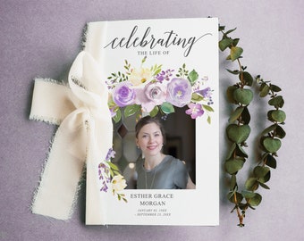 Funeral Program Template for Woman, Purple, Printable Celebration of Life Program, Obituary, Loving Memory, Darling Flora, Lavender Floral
