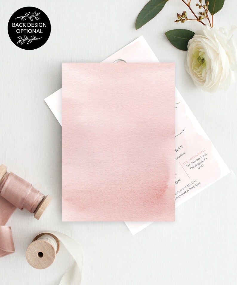 Puede incluir: Una tarjeta de invitaci&oacute;n rectangular con un fondo de acuarela rosa suave. Una segunda tarjeta debajo muestra texto impreso en negro que incluye The Continental, 235 Chestnut Street, Philadelphia, PA 12345, y el n&uacute;mero 555.212.1212.
