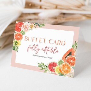 Kaartsjabloon tropisch citrusbuffet, voedseletiket, afdrukbaar bruiloftsbuffet, decor vrijgezellenfeest, feestmaaltijd, instant download, citroen