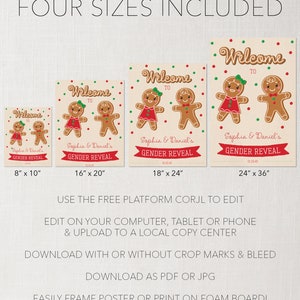 May include: A set of four gender reveal posters with gingerbread people. The posters are in various sizes: 8" x 10", 16" x 20", 18" x 24", and 24" x 36". Each poster says "Welcome to Sophia & Daniel's Gender Reveal".