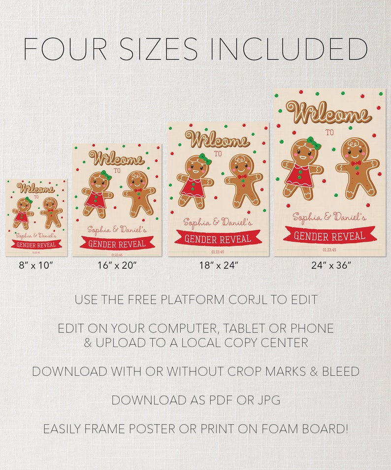 May include: A set of four gender reveal posters with gingerbread people. The posters are in various sizes: 8" x 10", 16" x 20", 18" x 24", and 24" x 36". Each poster says "Welcome to Sophia & Daniel's Gender Reveal".