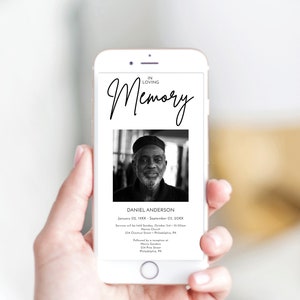 May include: A black and white photograph of a man on a smartphone screen. The text reads "In Loving Memory, Daniel Anderson, January 02, 19XX - September 03, 20XX. Services will be held Sunday, October 3rd - 10:00am, Haines Church, 254 Chestnut Street, Philadelphia, PA. Followed by a reception at Marris Gardens, 254 Pine Street, Philadelphia, PA. Creative Union Design."