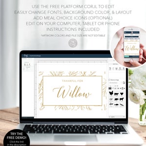 Puede incluir: Plantilla editable para un cartel de 'Agradecido por Willow' con dise&ntilde;o de pan de oro. La plantilla se puede editar usando la plataforma Corjl. La imagen muestra la pantalla de una computadora port&aacute;til que muestra la plantilla y la pantalla de un tel&eacute;fono que muestra el producto terminado.